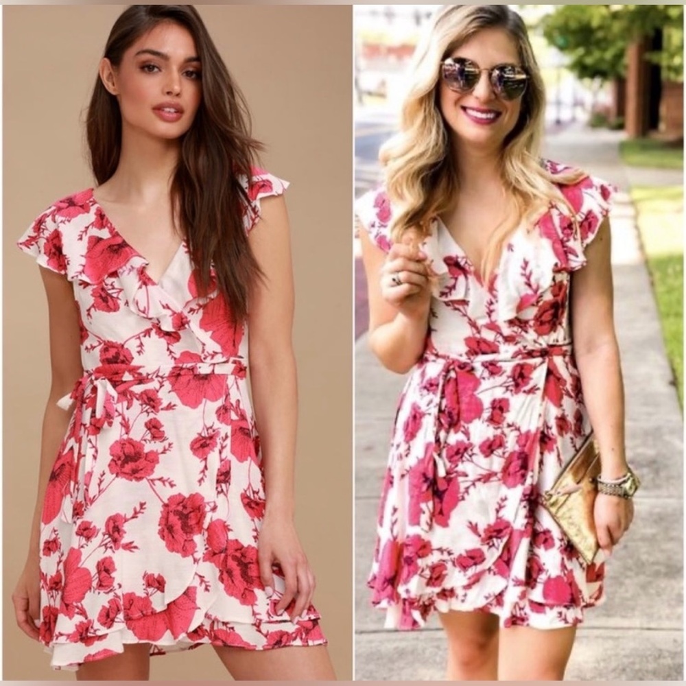 NWOT Free People pink and white Floral Wrap Dress with ruffle, V-neck detail - Picture 7 of 12